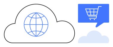 Küre sembollü bulut, alışveriş arabalı konuşma balonu ve küçük bulut. E-ticaret, bulut hizmetleri, küresel bağlantı, çevrimiçi alışveriş, dijital pazarlama, İnternet hizmetleri için ideal