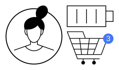 Kullanıcı profili simgesi, bildirim rozetli alışveriş arabası ve düşük pil sembolü. Uygulamalar, bildirimler, e-ticaret, kullanıcı arayüzü, profil uyarıları ve minimal tasarımlar için ideal. Çizgi