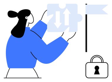 Bayrak ve kilidin yanında okları olan yapboz parçası tutan kadın yönü, hedefi ve korumayı sembolize ediyor. Sorun çözme, iş stratejisi, başarı, güvenlik, rehberlik ekibi çalışması için ideal