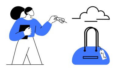 Elinde kağıt ve işaret ile düşünen kişi, üzerinde fiyat etiketi olan el çantası, bulut simgesi. Yaşam tarzı, alışveriş, bulut hesaplama, karar verme, moda tüketicisi davranış perakendecisi için ideal. Satır metaforu