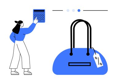 Kadın, etiketli el çantasının maliyetini hesaplamak için hesap makinesi kullanıyor. Perakende, alışveriş, bütçe, finansal planlama, tüketici davranışı, piyasa analizi, satışlar için ideal. Satır metaforu