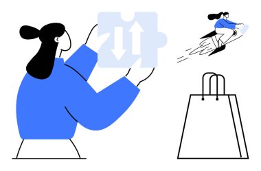 Woman holding a puzzle piece with up-down arrows, person riding a rocket, and a shopping bag. Ideal for teamwork, innovation, problem-solving, speed, e-commerce direction conveyance. Line metaphor clipart