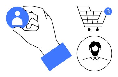 El ele tutuşan kullanıcı simgesi, üç tebligatlı alışveriş arabası, erkek profili. Ecommerce, kullanıcı etkileşimi, tebligatlar, alışveriş, müşteri ilişkileri, dijital pazar sosyal medya için ideal