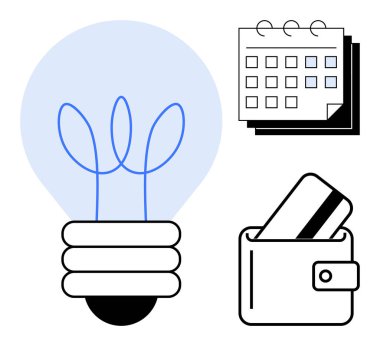 Ampul fikirleri simgeler, takvim planlama ve zamanlamayı, kredi kartlı cüzdan ise finans yönetimini simgeler. İş stratejisi, proje planlaması ve finansal okur yazarlık için ideal