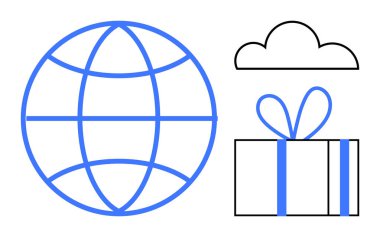 Globe representing global connection, cloud symbolizing cloud storage, and a gift box indicating digital rewards. Ideal for technology, network, internet, storage, data transfer, e-commerce clipart