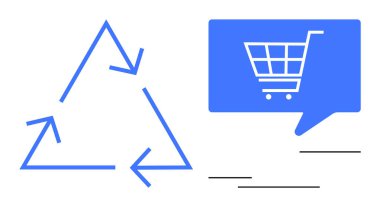 Oklardan ve içinde alışveriş arabası bulunan mavi diyalog baloncuklarından oluşan geri dönüşüm sembolü. Sürdürülebilirlik, çevre dostu girişimler, çevrimiçi alışveriş, e-ticaret, çevre bilinci için ideal