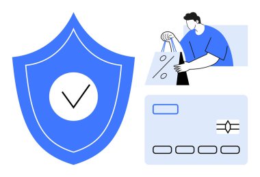 Elinde indirim etiketi, kredi kartı ve kalkanı olan alışveriş torbaları tutan bir adam. E-ticaret, finans, güvenlik, alışveriş, çevrimiçi ödemeler, indirimler için ideal