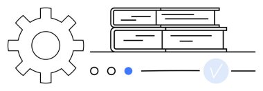 Bir yığın kitabın yanında vites, altında üç nokta, mavi daire ve işaret. Eğitim, teknoloji, öğrenme, sistem çalışması mühendislik kavramları için idealdir. Satır metaforu