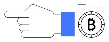 Mavi kollu el Bitcoin sembolünü işaret ediyor, kripto para yönünü gösteriyor. Finans, yatırım, kripto para birimi, engelleme zinciri, dijital para birimi, teknolojik trendler, finans için ideal