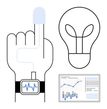 Raised hand with wearable health monitor, light bulb, and data charts. Ideal for healthcare, technology, innovation, wearables, internet of things, data analysis, future trends. Line metaphor clipart