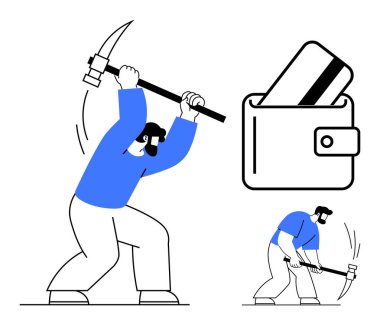 Miners using pickaxes alongside a wallet with a credit card. Ideal for finance, hard work, savings, cryptocurrency, financial growth, investment, and banking themes. Line metaphor clipart