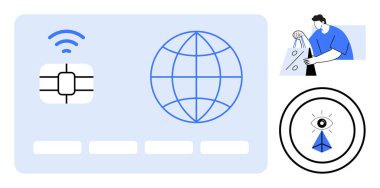 Çipli dijital kredi kartı, dünya ikonu, güvenli kablosuz sembol. Alışveriş torbaları tutan bir adam, kağıt uçakla bakan bir göz güvenli alışverişi simgeliyor. E-ticaret, siber güvenlik ve finans için ideal