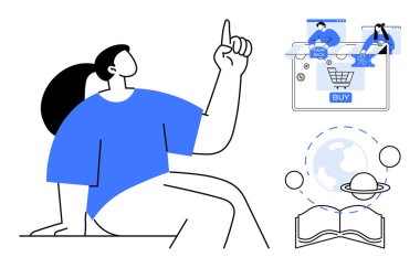 Bilgisayara bakan kişi çevrimiçi alışveriş arabasını, Satürn 'lü küreyi ve bir kitabı gösteriyor. E-ticaret, çevrimiçi eğitim, dijital öğrenme, İnternet kullanımı, küresel bağlantı için ideal