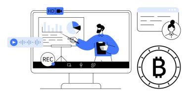 Ekranda video konferans araçları, sohbet ve Bitcoin sembolü ile finansal tabloları sunan kişi. Uzaktan çalışma, finans teknolojisi, kripto para birimi, web siteleri, sanal toplantılar için ideal.