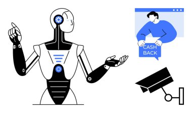 Görünürde vitesli bir robot, bir Cash Back tabelası ve bir güvenlik kamerası var. Teknoloji, yapay zeka, çevrimiçi finans, güvenlik ve otomasyon temaları için ideal. Modern