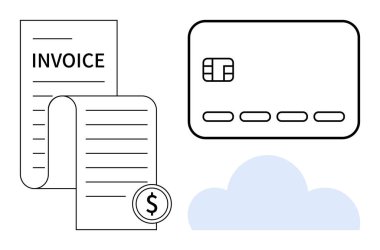 Üzerinde dolar sembolü olan fatura ve makbuzun yanındaki ödeme kartı. Altlarında bulut var. Çevrimiçi ödeme, e-ticaret, fatura, SaaS, muhasebe, finans bütçesi için ideal. Satır metaforu
