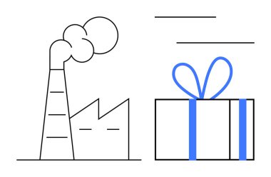 Fabrika mavi kurdeleli bir hediye kutusunun yanındaki yığından duman yayıyor. Üretim, üretim, kirlilik, çevresel etki, sanayileşme, tüketim, sürdürülebilirlik için ideal. Çizgi