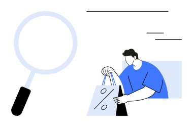 Mavi gömlekli adam indirim sembollü alışveriş torbaları tutuyor. Büyüteç satış detaylarını vurguluyor. Perakende, ecommerce, promosyonlar, indirimler, reklamlar, pazarlama, tüketici davranışı için ideal