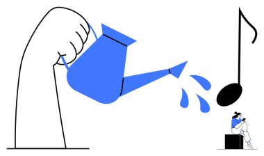 A large hand waters a musical note with a blue watering can, as a person sits reading. Ideal for creativity, art, nurturing talent, music education, personal growth, imagination, metaphorical clipart