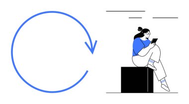 Tabletli bir kadın bir blokta oturuyor, saat yönünde büyük dairesel bir ok. Teknoloji, ilerleme, süreklilik, öğrenme, dijital medya, verimlilik yeniliği kavramları için idealdir. Satır metaforu