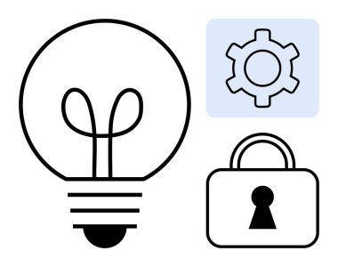 Fikirleri temsil eden ampul, ayarları sembolize eden dişli ve güvenlik için asma kilit. Teknoloji, yenilik, güvenlik, dijital çözümler, yazılım geliştirme, iş stratejisi siber güvenlik için ideal