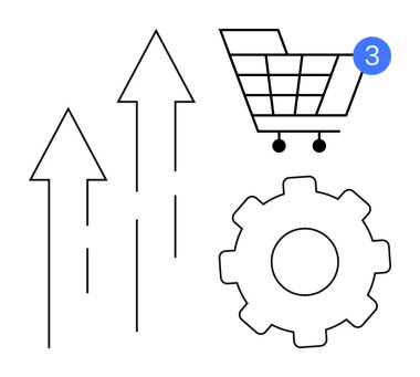 Yükselen üç ok, tebligatlı alışveriş arabası, dişli dişli çark. Ticari büyüme, e-ticaret, pazarlama stratejileri, alışveriş eğilimleri, verimlilik artışı, sistem optimizasyonu için ideal