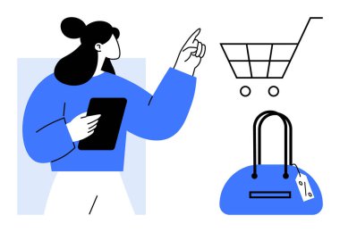 Alışveriş arabası ve el çantasına işaret eden tabletli bir kadın, e-ticaret, ürün seçimi, moda perakendecisi ve dijital işlemlere dikkat çekiyor. Çevrimiçi alışveriş, perakende pazarlama, e-ticaret için ideal