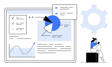 Dijital ekran görüntüleme grafiği, çizgi grafiği ve kontrol listeleri. Tableti büyük bir vites simgesinin yanında oturan kişi. İş analitiği, veri analizi, proje yönetimi ve teknoloji blogları için ideal