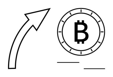 Yukarı doğru ok çemberin içindeki Bitcoin sembolünün hemen yanını gösteriyor. Finansal büyüme, kripto para birimi eğilimleri, engelleme teknolojisi, yatırım stratejileri, dijital para birimi, ekonomik