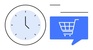 Saat, alışveriş arabası ikonu olan mavi bir konuşma balonunun yanında. E-ticaret, iş zamanı yönetimi, çevrimiçi alışveriş, verimlilik, zamanlama, dijital pazarlama, tüketici için ideal