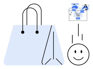 Kabzalı büyük bir alışveriş çantası, gülen surat ve dijital alışveriş arabası arayüzü. E-ticaret, çevrimiçi perakende, müşteri memnuniyeti, dijital pazarlama, tüketici davranışı, alışveriş uygulamaları için ideal