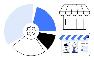 Ortasında vites, mağaza önü ve çevrimiçi atölye arayüzü olan turta şeması. E-ticaret, pazarlama stratejisi, iş analizi, çevrimiçi alışveriş, satış takibi, mağaza tasarımı web sitesi için ideal