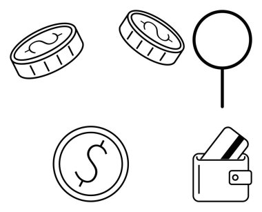 Yazı tura, kredi kartlı cüzdan, madeni para odaklı büyüteç, çeşitli finansal aktiviteleri gösteren paralar. Finans, tasarruf, harcama, bankacılık, yatırım, ekonomik analiz için ideal