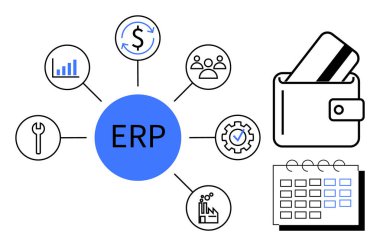 ERP merkez merkezi, finansal yönetim, işgücü, araçlar, imalat ve programlama için ikonlara bağlı. İş yönetimi, entegrasyon, proje planlaması, finans sistemleri HR için ideal