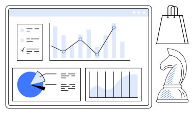 İş analizi ekran grafikleri, pasta grafikleri ve bar çizelgeleri bir alışveriş çantası ve satranç şövalyesinin yanında. İş stratejisi, e-ticaret, pazarlama, veri analizi ve karar için ideal