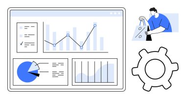 Çeşitli veri görselleri olan etkileşimli gösterge paneli, alışveriş torbaları taşıyan kişi ve büyük bir vites sembolü. İş analizi, tüketici davranışı, e-ticaret, süreç optimizasyonu için ideal