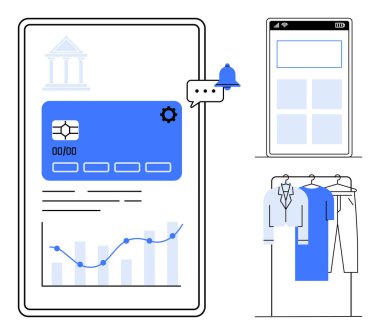 Akıllı telefon ve kıyafetlerin yanında kredi kartı, tebligat ve veri tabloları ile mobil bankacılık arayüzü. Finans, çevrimiçi alışveriş, e-ticaret, fintech, moda, dijital bankacılık perakende için ideal