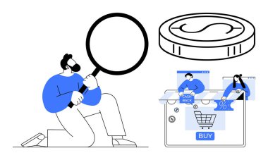 Man inspecting online shopping cart with magnifying glass, dollar coin above, people on laptop. Ideal for e-commerce, financial analysis, online shopping, cashback offers, discount strategies clipart