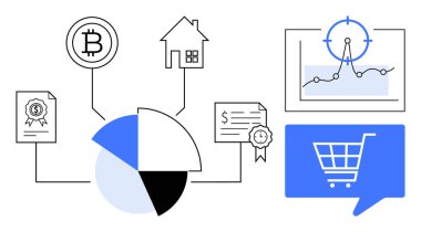 Bitcoin ve ev simgeleri pasta grafiğine, sertifikaya, hedefe ve alışveriş arabasına bağlı. Finansal analiz, dijital yatırım, kripto para, gayrimenkul, e-ticaret için ideal