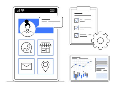 İletişim simgelerini, profilini, mesaj bildirimini gösteren akıllı telefon ekranı. Yakınlarda, ekipmanları sembolize eden kontrol listesi ve analitik gösterge paneli var. İş uygulamaları, CRM ve proje yönetimi için ideal