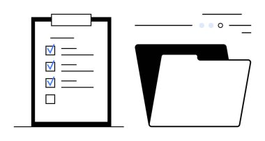 Tamamlanmış görevleri açık bir dosya dizininin yanındaki panoda gösteren kontrol listesi. Üretim, organizasyon, görev yönetimi, ofis işi, proje planlaması, belgeler, idari