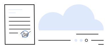 Belge dijital olarak bir bulut hesaplama simgesinin yanında mavi kalemle imzalanmış. Dijital sözleşmeler, bulut depolama, veri güvenliği, çevrimiçi hizmetler, uzaktan çalışma, modern teknoloji ve kağıtsız