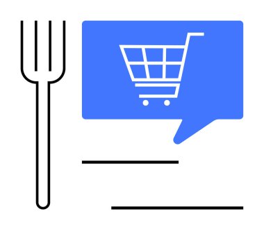 Alışveriş arabası simgesinin yer aldığı mavi sohbet baloncuğunun yanına çatal koyun. Metni temsil eden satırlar olsun. Çevrimiçi gıda siparişi, e-ticaret platformları, dijital pazarlama, gıda dağıtım hizmetleri, restoran için ideal