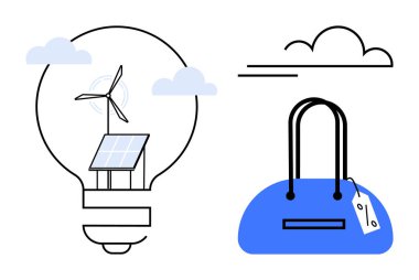 İçinde rüzgar türbini ve güneş paneli olan ampul yenilenebilir enerjiyi temsil ediyor. Üzerinde fiyat etiketi olan mavi bir çanta. Çevre dostu modanın simgesi. Sürdürülebilirlik temaları ve yeşil teknoloji için ideal