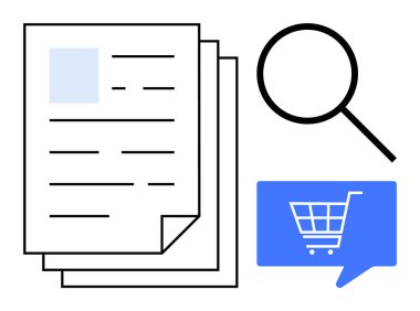 Kağıt çarşaflar istiflenmiş, belge incelemesi için büyüteç, alışveriş arabalı konuşma balonu. İş için ideal, e-ticaret, analiz, yasal belgeler, araştırma, arama optimizasyonu, akademik