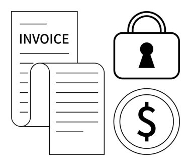 Fatura belgesi, kilit simgesi ve mali güvenliği temsil eden dolar işareti. Ticari işlemler, finans yönetimi, ödeme güvencesi, fatura, muhasebe ve e-ticaret için ideal
