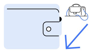 Cüzdanında düğme kopçası ve yanında mavi aşağı doğru çapraz gösteren bir ok var. Finans, tasarruf, iş, yatırım, ekonomi, küçülme, maliyet azaltma temaları için idealdir. Satır metaforu