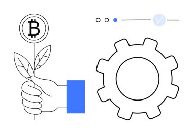 Elinde Bitcoin sembolü olan bir bitki var, çark ve arayüz elementlerinin yanında. Fintech, kripto para birimi, blok zinciri, yatırım, yenilik, teknoloji sektörü büyüme temaları için idealdir. Çizgi