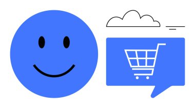 Mavi mutlu yüz, bulutun altındaki alışveriş arabası konuşma balonunun yanında müşteri memnuniyetini sembolize eder. Müşteri hizmetleri, e-ticaret, çevrimiçi alışveriş, kullanıcı geribildirimi, bulut hizmetleri, dijital