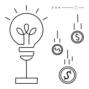 İçinde bitki yetişen ampul, ışık ışını yayıyor ve üç dolar da bozuk para olarak düşüyor. Finans, yatırım, büyüme, yenilik, ekonomi iş çözümleri başlangıç temaları için idealdir. Çizgi